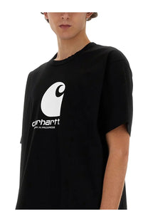 Black Carhartt t-shirt by Junya Watanabe Man featuring white logo and work in progress text on the chest