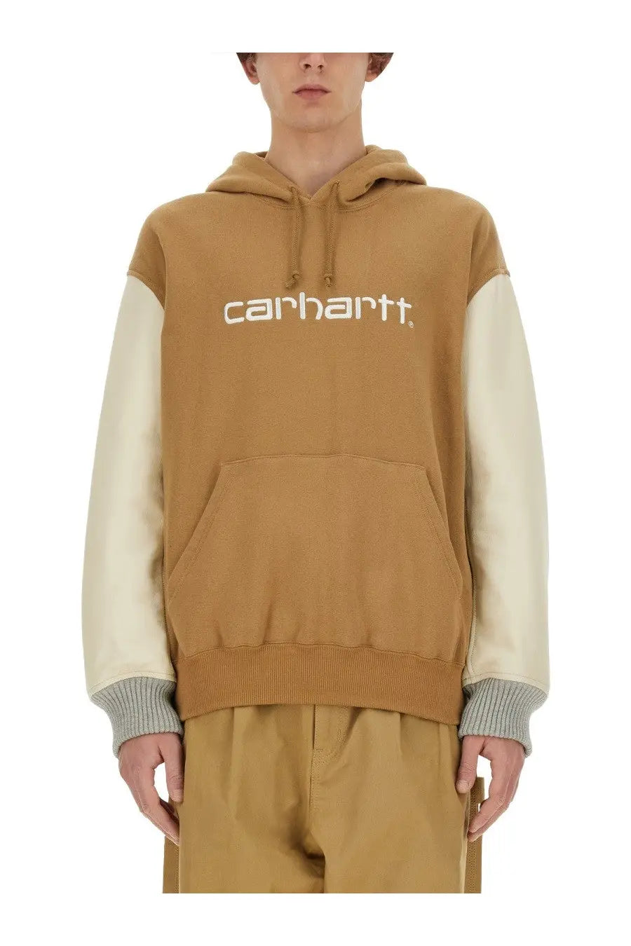 Tan and cream colorblock Junya Watanabe Man Carhartt sweatshirt with ribbed cuffs and white logo on chest
