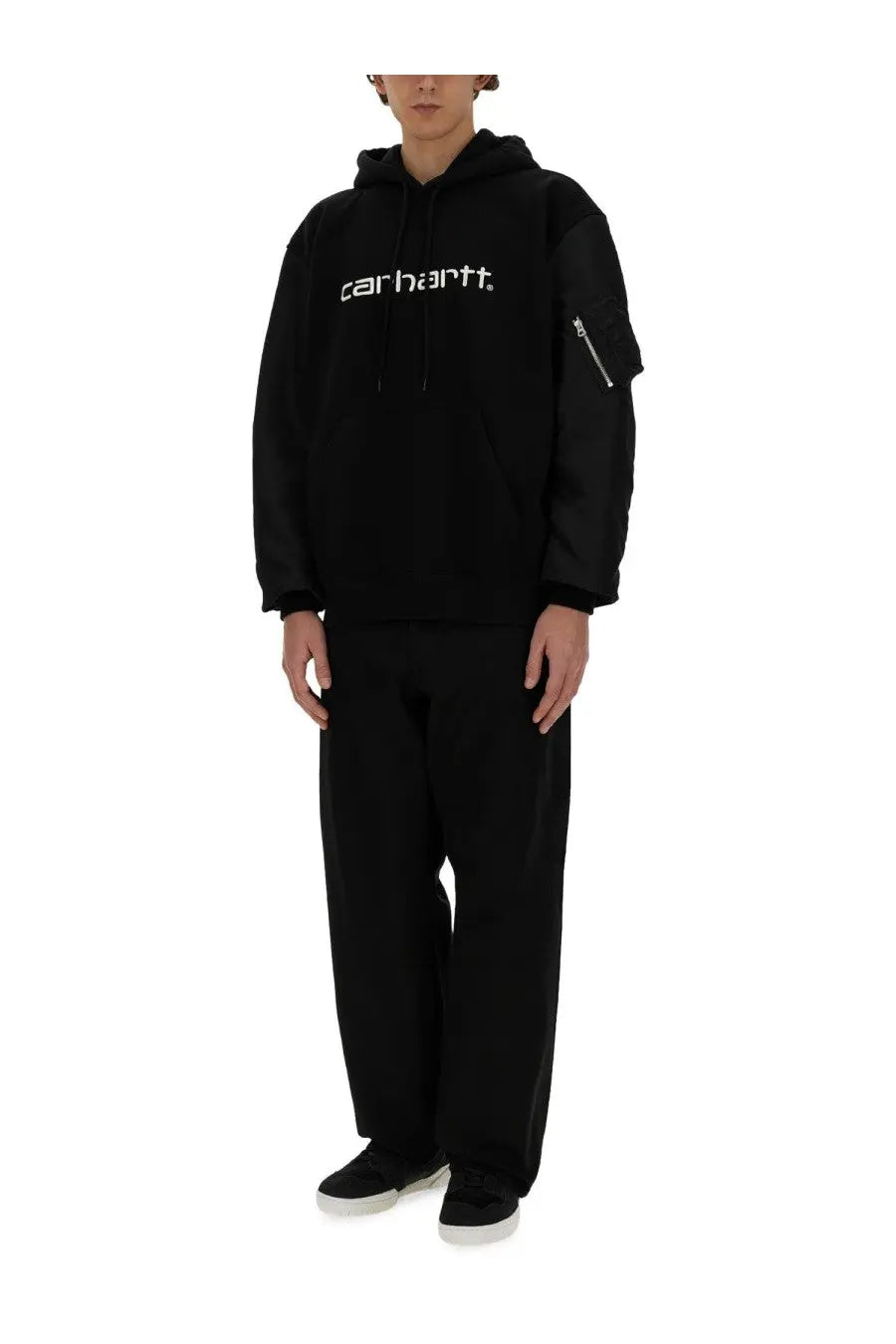 Black carhartt hoodie with white logo and zipper detail on sleeve from Junya Watanabe Man collection