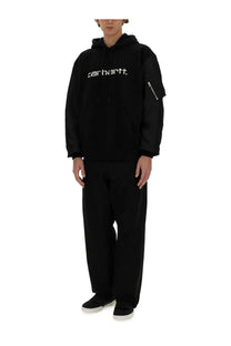 Black carhartt hoodie with white logo and zipper detail on sleeve from Junya Watanabe Man collection