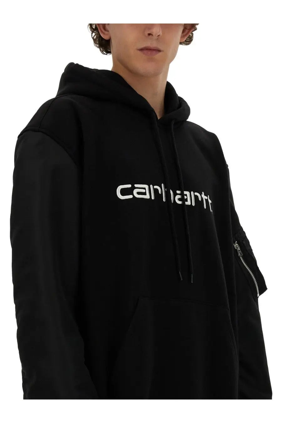 Black Carhartt hoodie by Junya Watanabe Man featuring white logo and zipper detail on sleeve in cotton material