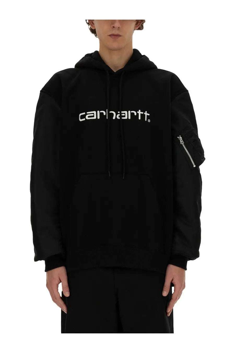 Black carhartt hoodie with white logo and sleeve zipper from junya watanabe man carhartt sweatshirt collection