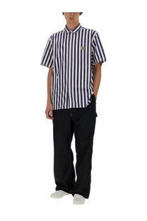 Blue and white vertically striped short sleeve button up shirt with brown logo patch by junya watanabe man carhartt wip white