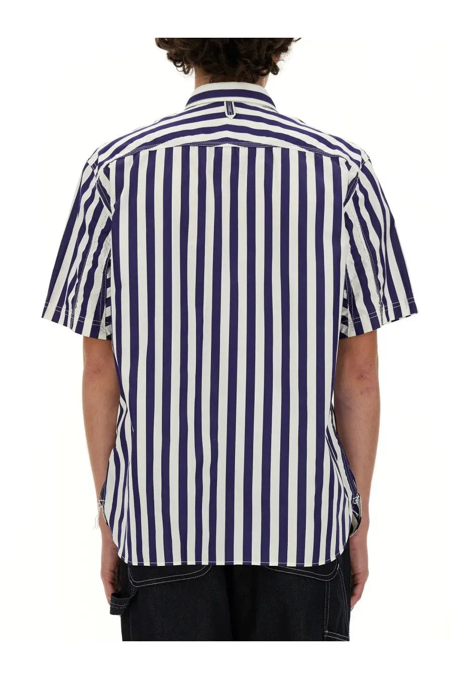 A navy and white vertically striped short-sleeved button-up shirt with a classic collar by Junya Watanabe Man