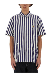 Navy and white vertically striped short sleeve button up shirt with carhartt logo patch by junya watanabe man