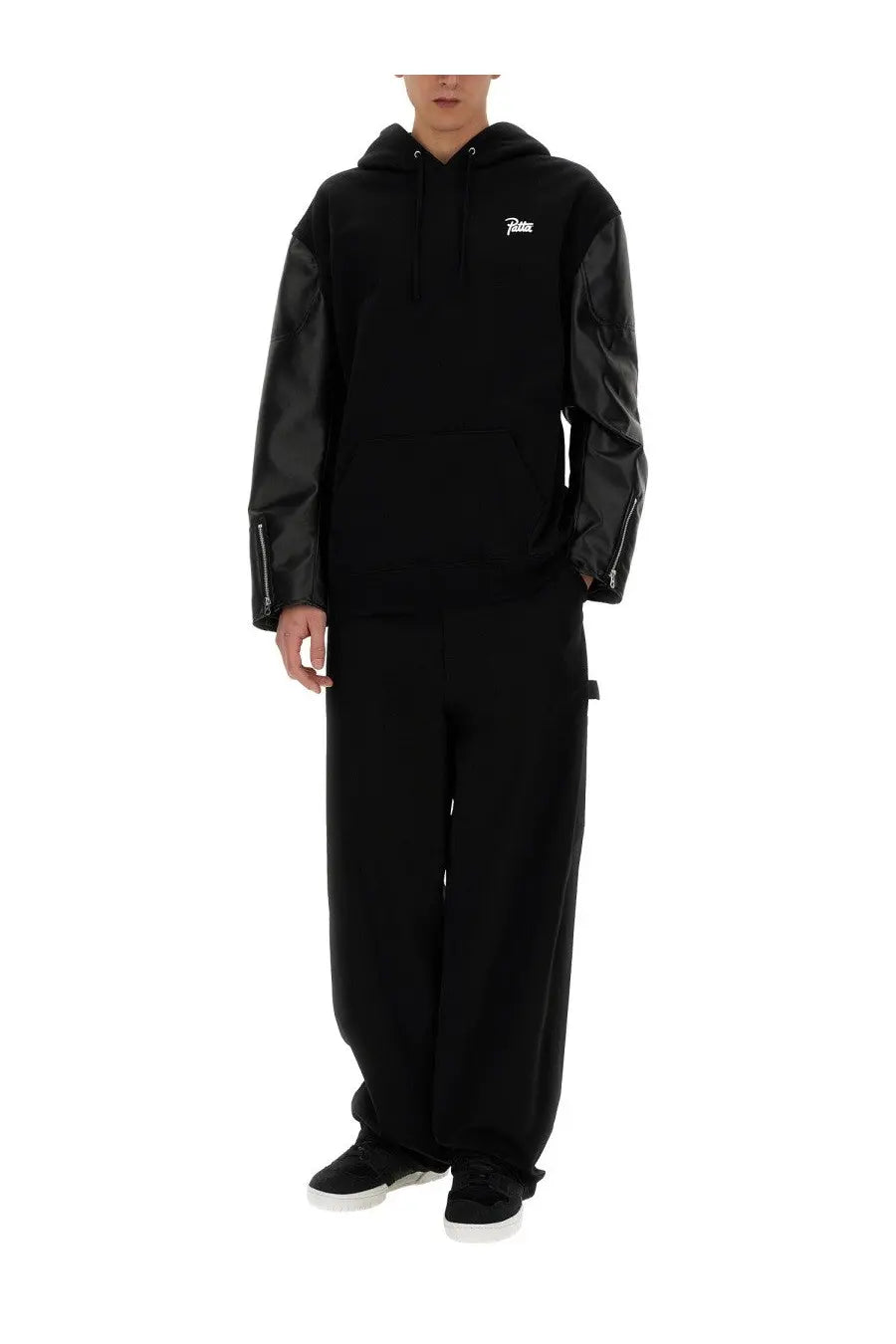 Black hoodie with faux leather sleeves and white palace logo on chest from Junya Watanabe Man flap sweatshirt black