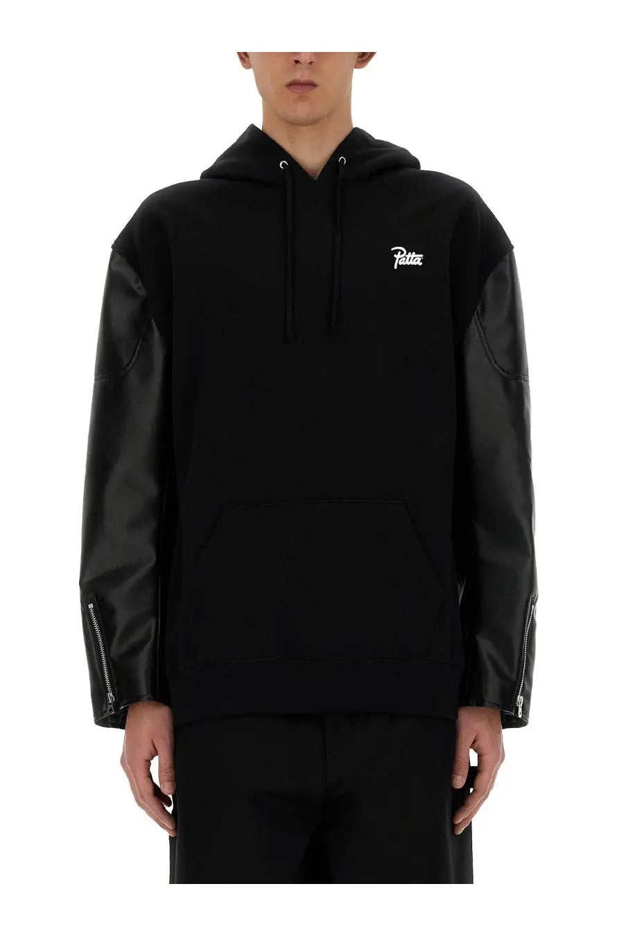 Black hoodie with faux leather sleeves and white patta logo on chest from junya watanabe man flap sweatshirt black