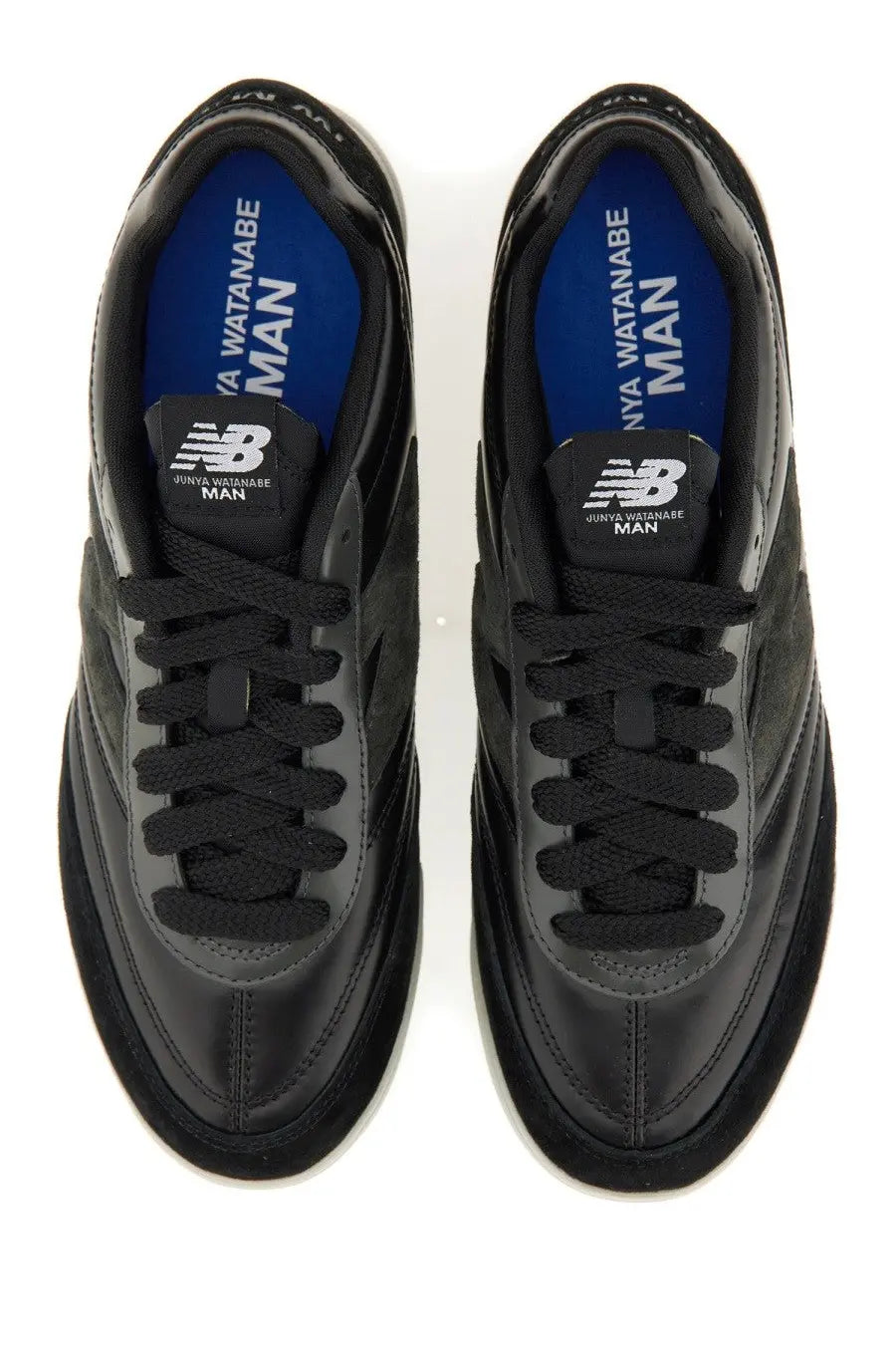 Junya Watanabe Man New Balance black men’s sneaker RC42 with sleek glossy finish and blue insoles branding