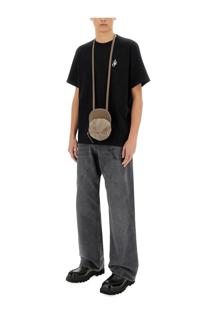 Beige circular crossbody bag with textured fabric finish and adjustable strap paired with jw anderson men’s anchor shirt black