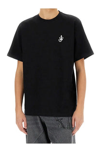 Jw anderson men’s anchor shirt black short-sleeved cotton t-shirt with small white embroidered logo on left chest
