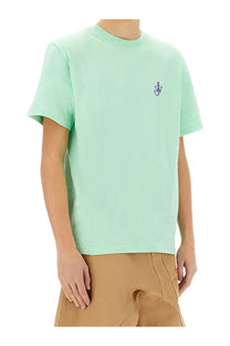 Light green jw anderson men’s short-sleeved t-shirt with small purple anchor logo embroidered on left chest