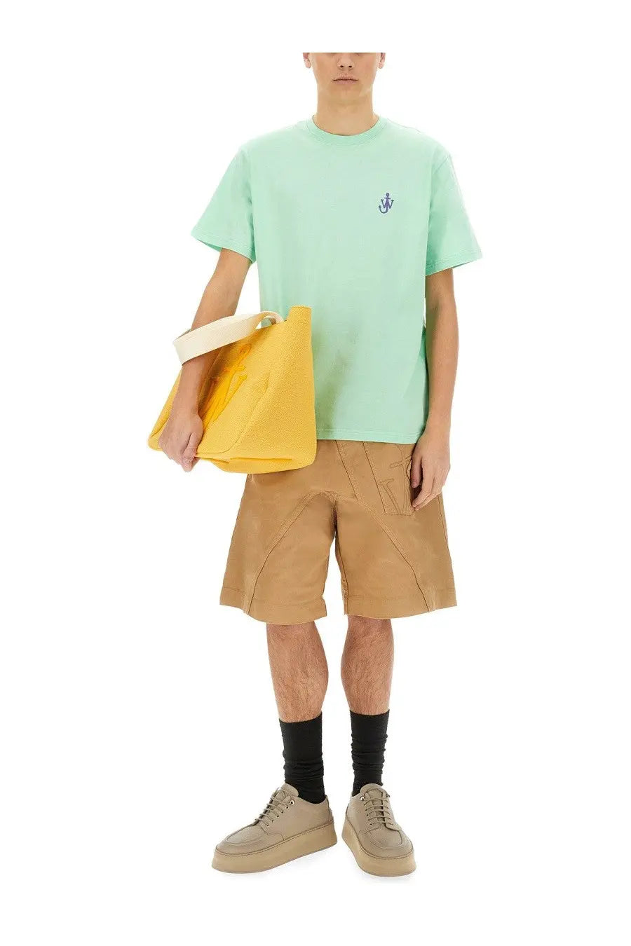 A vibrant yellow canvas tote bag with off-white handles complementing jw anderson men’s anchor shirt green collection