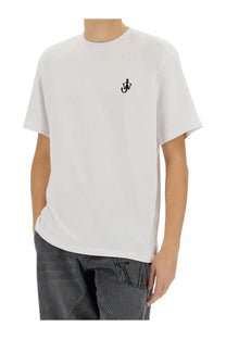 Jw anderson men’s white crew neck t-shirt with small black embroidered anchor logo on left chest