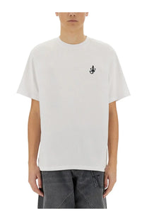 Jw anderson men’s white crew-neck cotton t-shirt with small black embroidered anchor logo on left chest