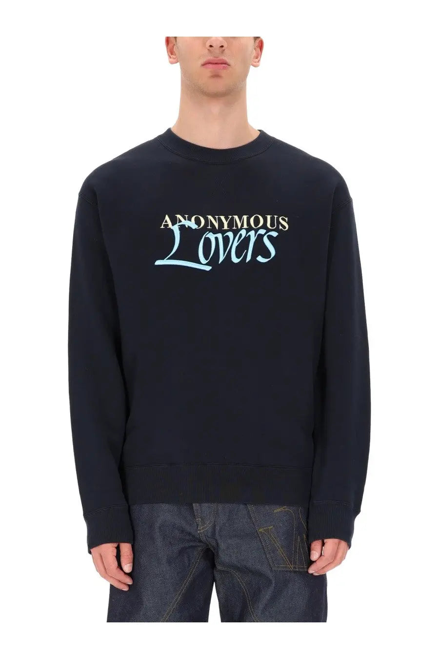 Jw anderson men’s black cotton sweatshirt with anonymous lovers printed in gold and light blue on the chest