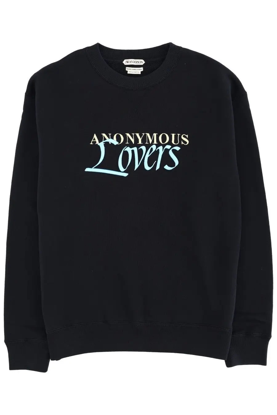 JW Anderson men’s black cotton sweatshirt with anonymous lovers cream and light blue script on the chest