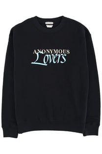 JW Anderson men’s black cotton sweatshirt with anonymous lovers cream and light blue script on the chest