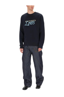Jw anderson men’s black sweatshirt with anonymous lovers embroidered in light blue script on the chest