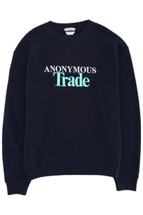 Navy blue JW Anderson men’s crewneck sweatshirt with anonymous trade printed in white and teal across the chest