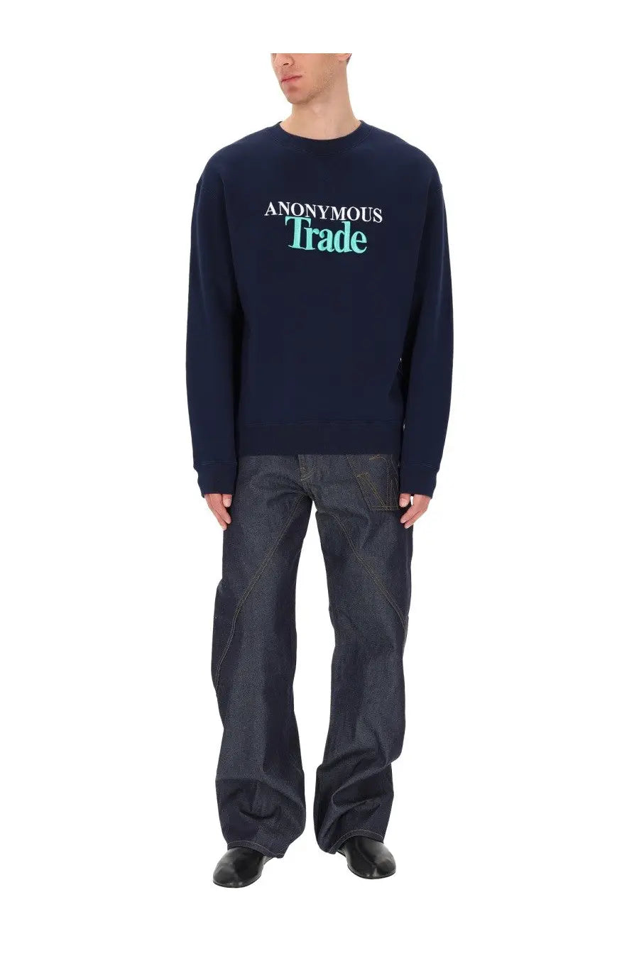 Navy blue JW Anderson men’s long sleeve sweatshirt with white and teal anonymous trade print on chest