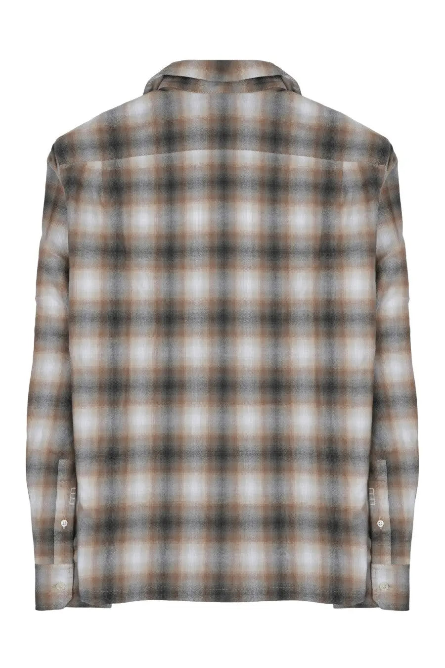 Jw anderson men’s long-sleeved plaid shirt in muted brown gray and white check pattern with subtle tonal variations