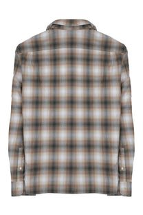 Jw anderson men’s long-sleeved plaid shirt in muted brown gray and white check pattern with subtle tonal variations