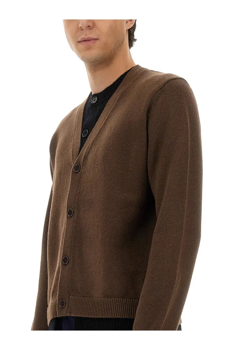 Jw anderson men’s brown knit cardigan with dark buttons and ribbed cuffs for layered style