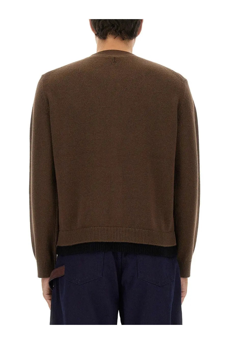 Jw anderson men’s brown knit cardigan with ribbed cuffs and hem featuring contrasting layered design