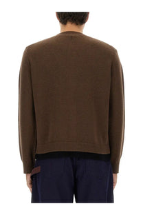 Jw anderson men’s brown knit cardigan with ribbed cuffs and hem featuring contrasting layered design