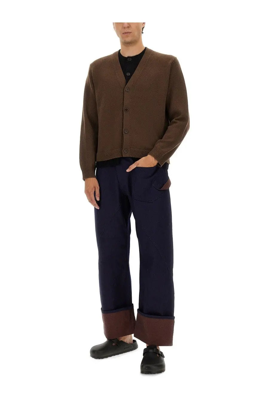 Jw anderson men’s brown knitted cardigan with button closure and ribbed cuffs in contrasting layered design