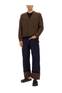 Jw anderson men’s brown knitted cardigan with button closure and ribbed cuffs in contrasting layered design