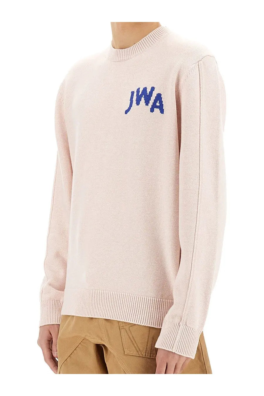 Jw anderson men’s jersey blue soft blush pink knit sweater with ribbed crew neck and blue embroidered jwa lettering