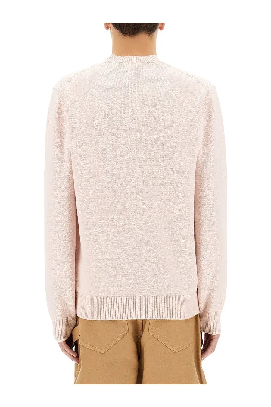 Jw anderson men’s jersey blue soft blush pink knit sweater with ribbed crew neckline and cuffs
