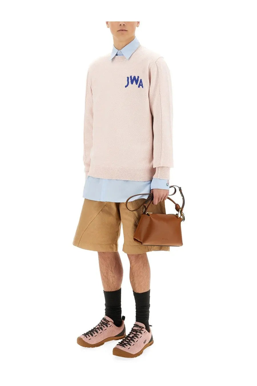 Tan leather mini handbag with braided handles featured in jw anderson men’s jersey blue product collection