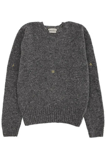 Jw anderson men’s jersey grey dark gray heathered knit sweater with subtle yellow embroidered initials on chest and sleeves