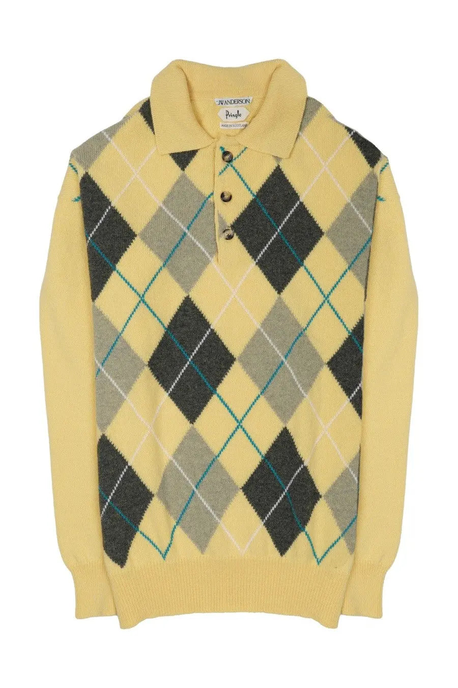 Jw anderson men’s yellow argyle knit polo sweater with collar three buttons and black gray teal diamond patterns