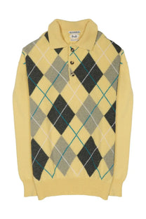 Jw anderson men’s yellow argyle knit polo sweater with collar three buttons and black gray teal diamond patterns