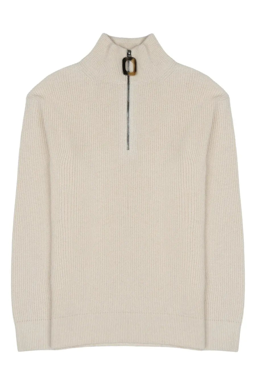 Jw anderson men’s beige cream-colored ribbed knit sweater with half-zip and brass buckle in lana cotone