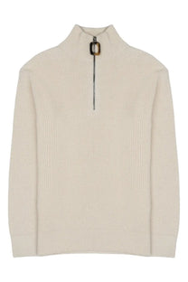 Jw anderson men’s beige cream-colored ribbed knit sweater with half-zip and brass buckle in lana cotone