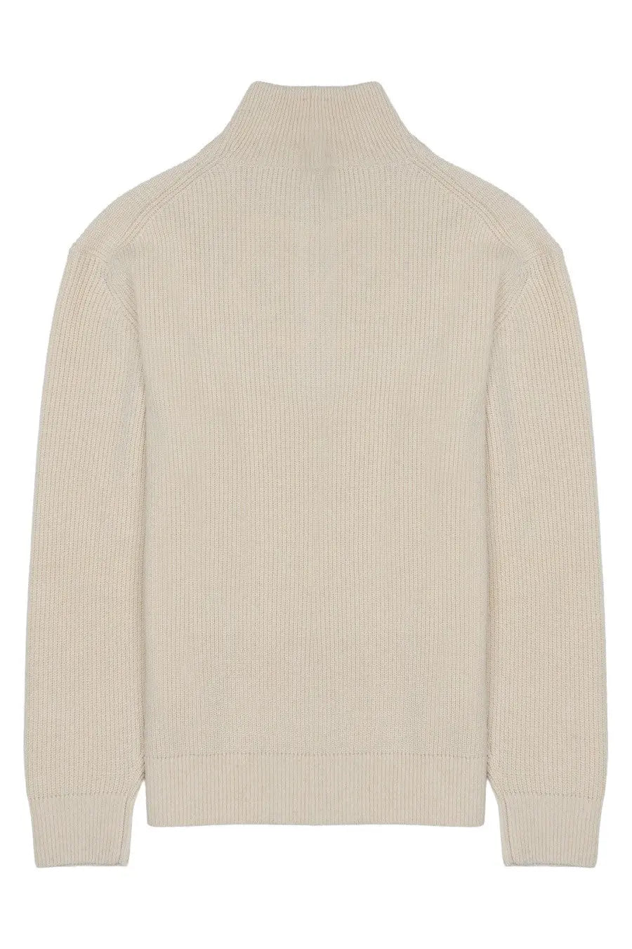Beige ribbed knit turtleneck sweater with classic structured silhouette from JW Anderson lana cotone con zip collection
