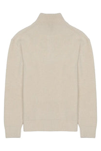 Beige ribbed knit turtleneck sweater with classic structured silhouette from JW Anderson lana cotone con zip collection