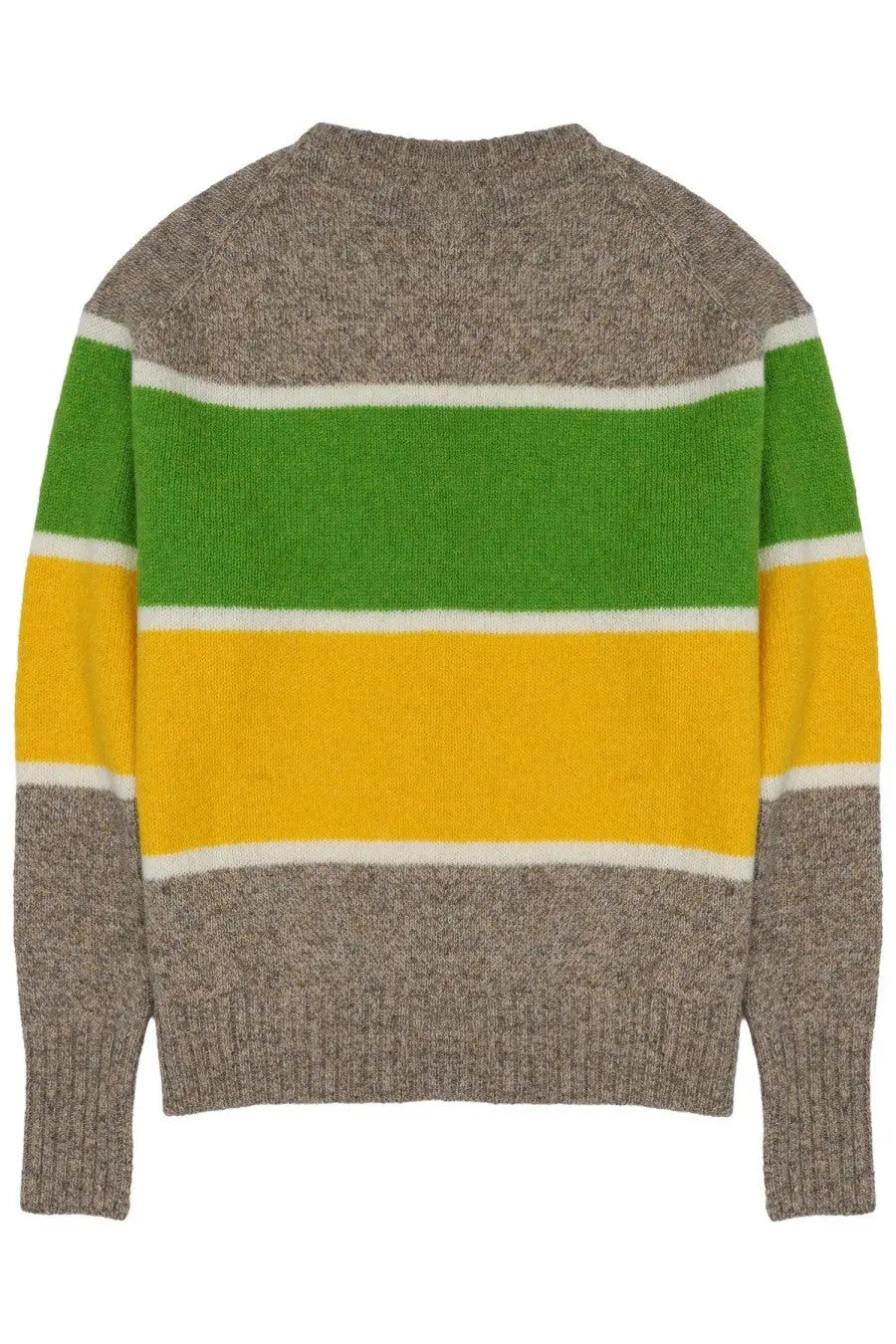Jw anderson men’s maglia in lana righe multicolor knitted sweater with bold green yellow stripes and heather gray accents