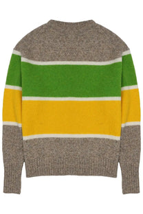 Jw anderson men’s maglia in lana righe multicolor knitted sweater with bold green yellow stripes and heather gray accents