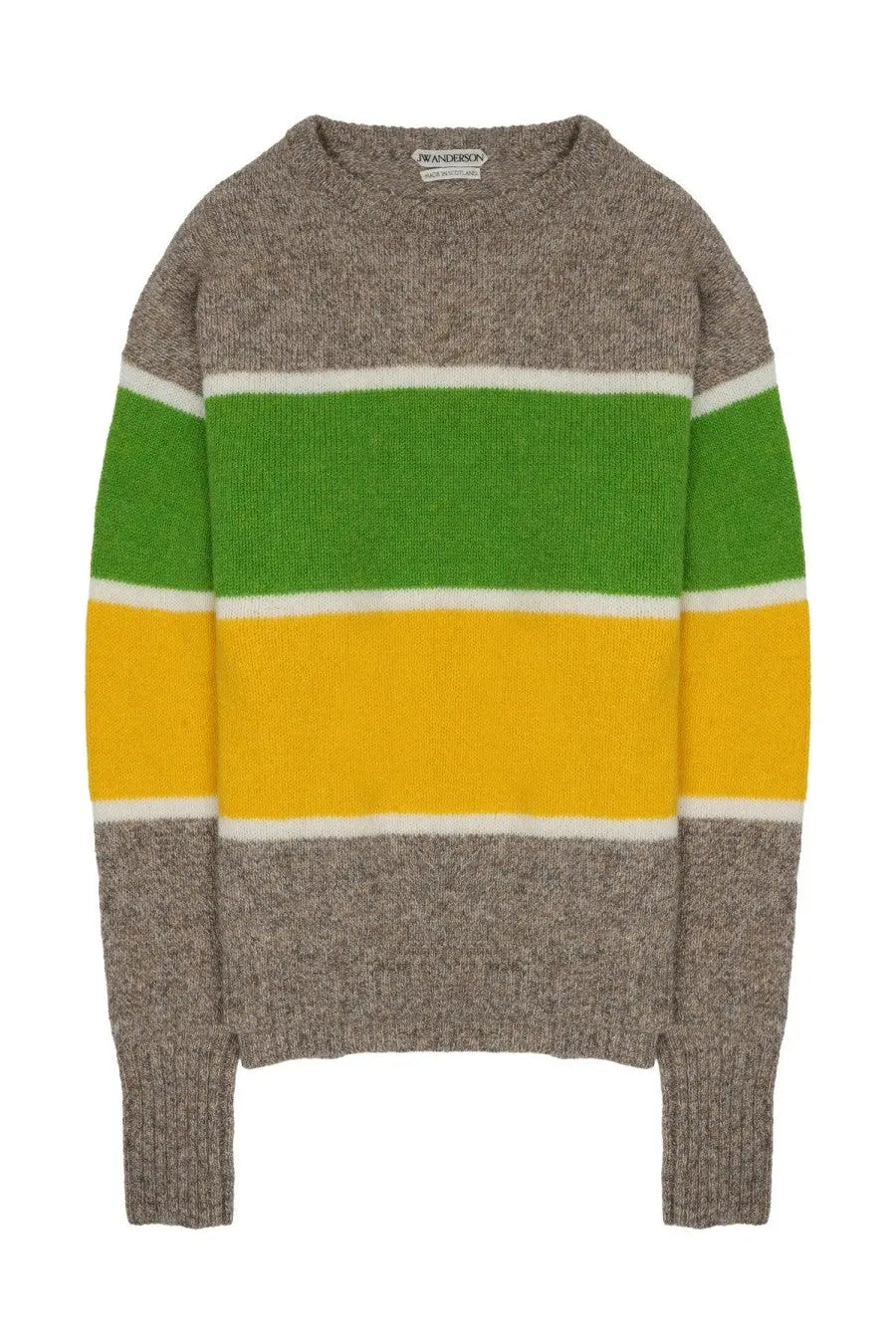 Jw anderson men’s long-sleeved heather gray wool sweater with vibrant green yellow and white horizontal stripes