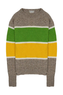 Jw anderson men’s long-sleeved heather gray wool sweater with vibrant green yellow and white horizontal stripes