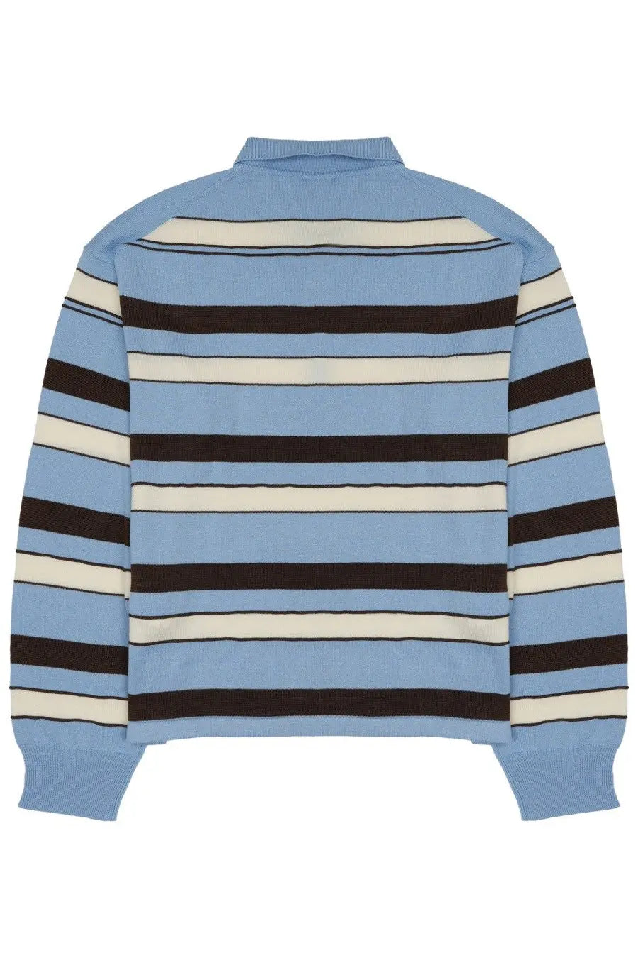 Jw anderson men’s polo rugby in cotone blue featuring a light blue cream and dark brown striped knit sweater with collar