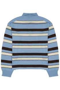 Jw anderson men’s polo rugby in cotone blue featuring a light blue cream and dark brown striped knit sweater with collar