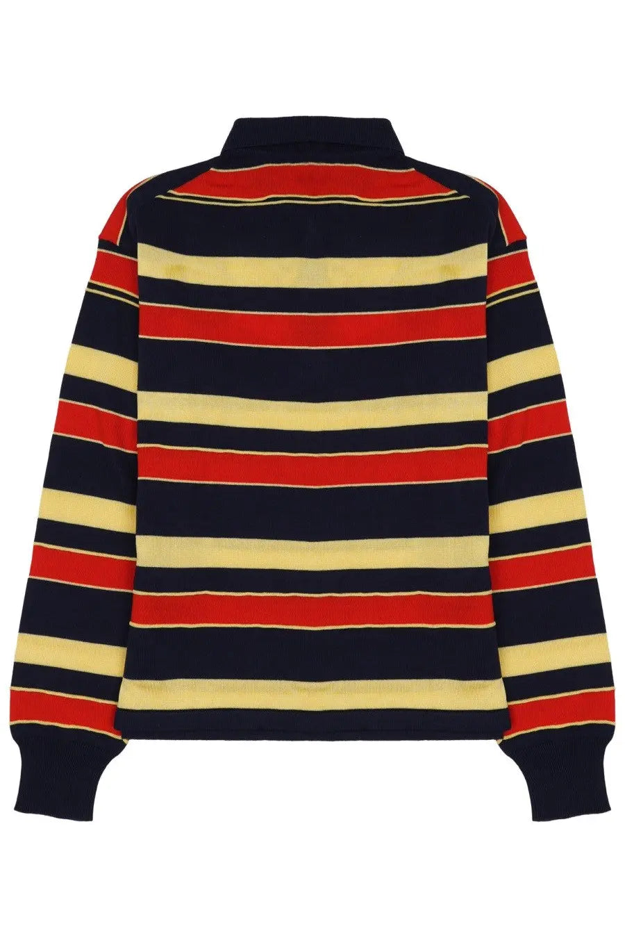 A navy blue red and yellow striped long-sleeved cotton rugby shirt with collar from JW Anderson men’s polo collection
