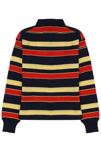 A navy blue red and yellow striped long-sleeved cotton rugby shirt with collar from JW Anderson men’s polo collection