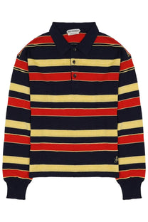 JW Anderson men’s polo rugby shirt in navy blue red and yellow striped cotton with long sleeves and classic collar